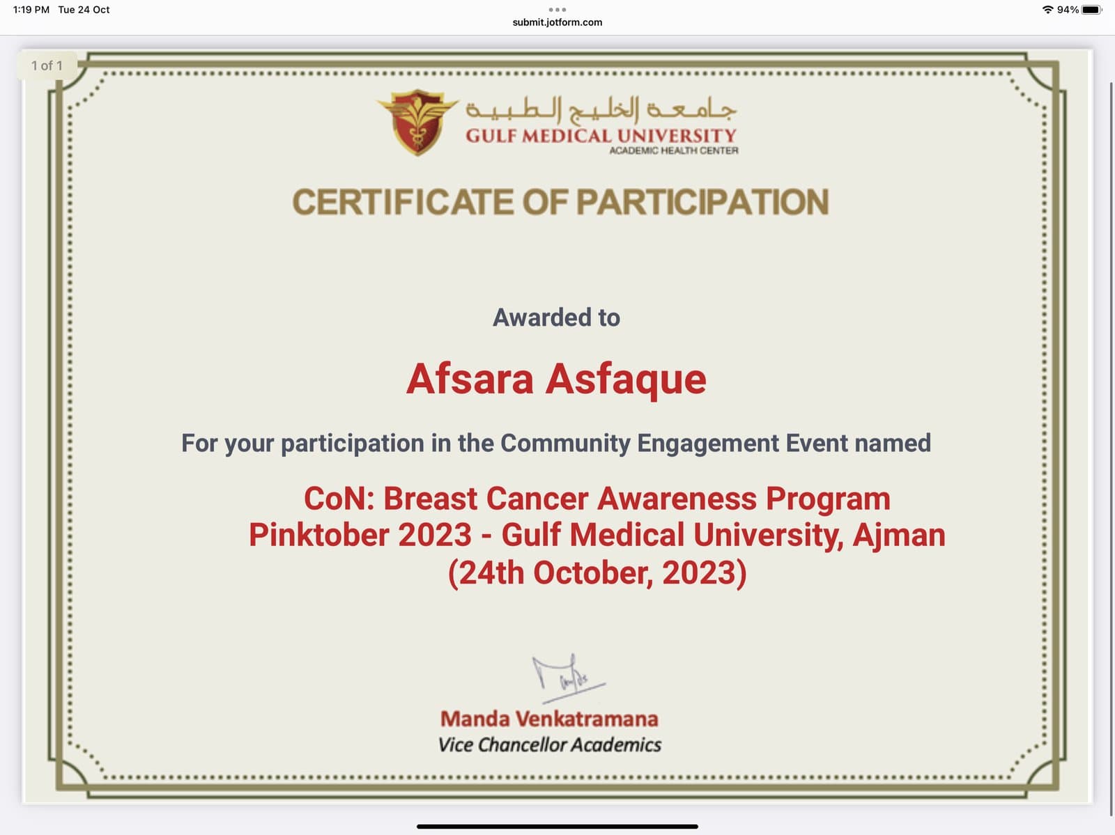 Pinktober 2023 breast cancer awareness program certificate awarded to Afraa Asfaque