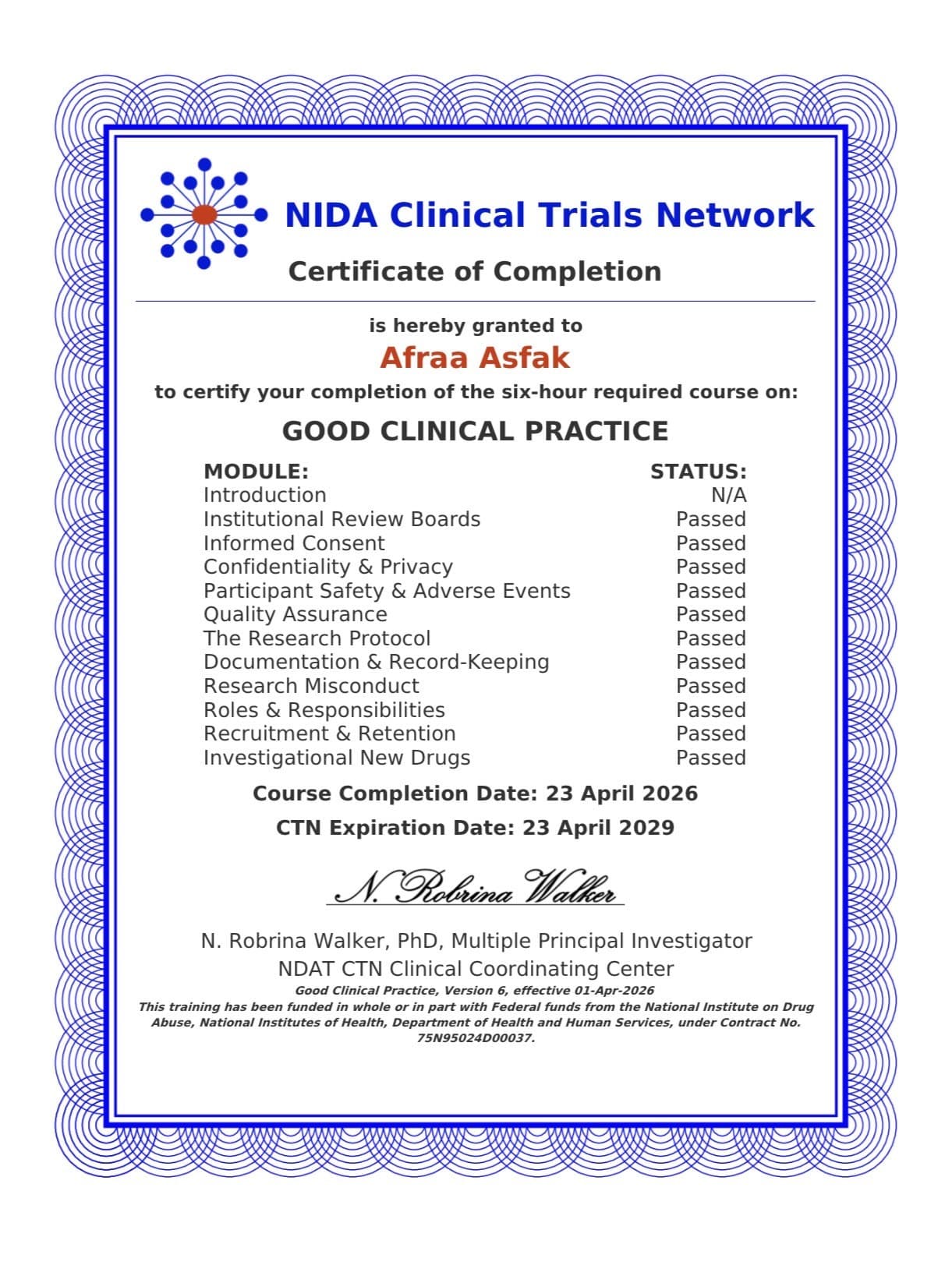 Good Clinical Practice course certificate completed by Afraa Asfaque through the NIDA Clinical Trials Network in 2026