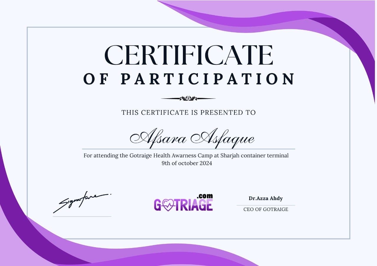 Certificate for Afraa Asfaque's participation in the GoTriage health awareness camp at Sharjah Container Terminal