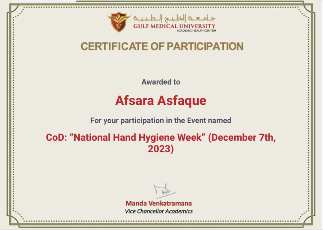 National Hand Hygiene Week certificate of participation for Afraa Asfaque in 2023