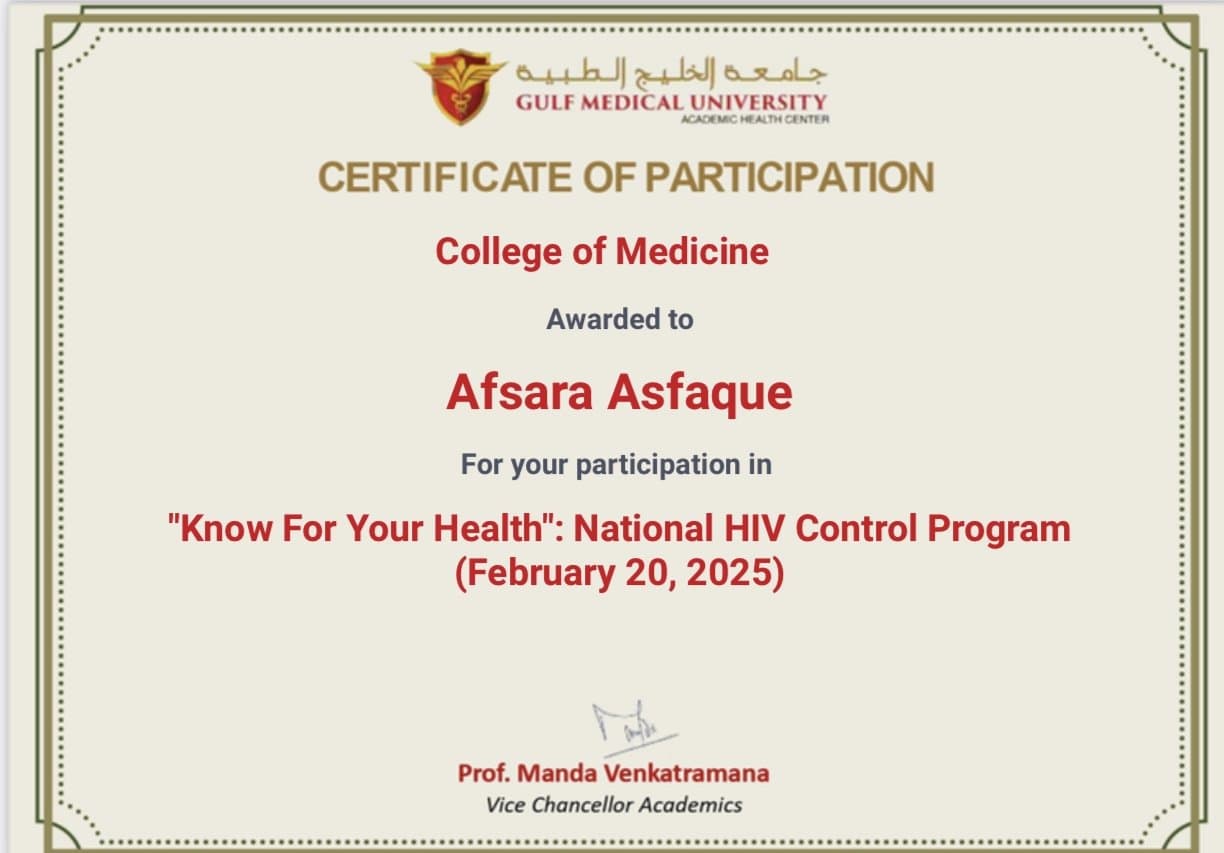 Certificate for Afraa Asfaque's participation in the Know For Your Health National HIV Control Program in 2025