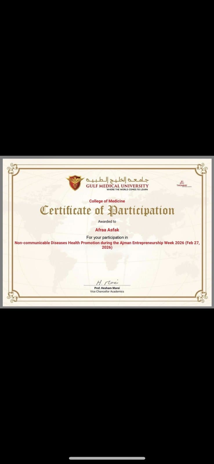 Participation certificate for Afraa Asfaque's non-communicable disease health promotion activity in 2026