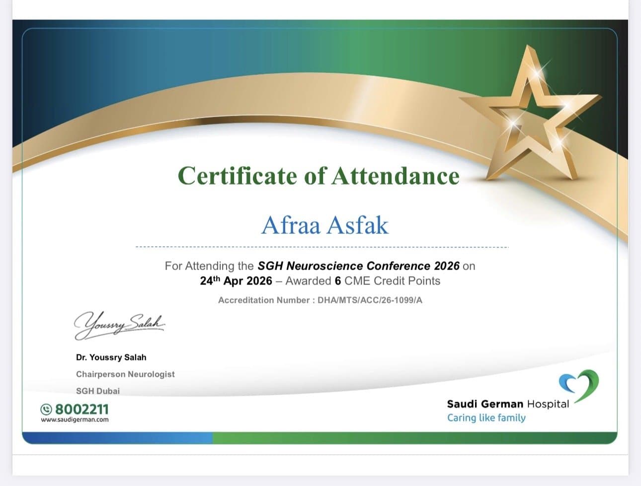 CME certificate for Afraa Asfaque at the Saudi German Hospital Neuroscience Conference 2026