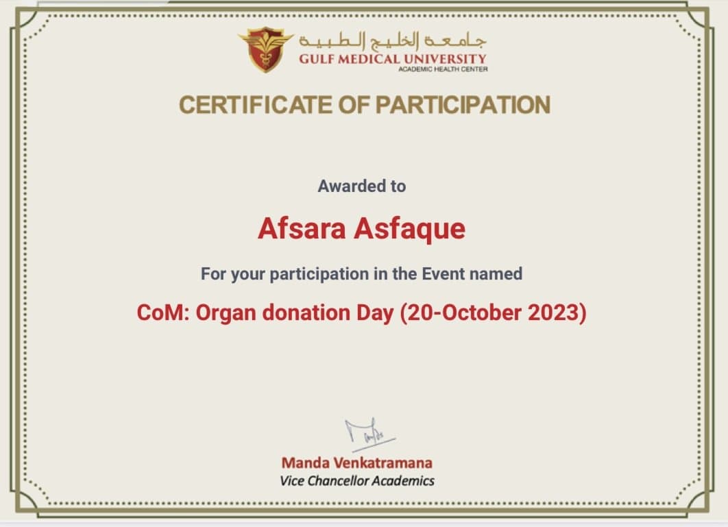 Organ Donation Day awareness event certificate for Afraa Asfaque in 2023