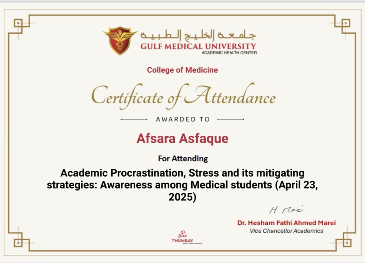 Certificate for Afraa Asfaque's academic procrastination, stress, and mitigating strategies workshop in 2025
