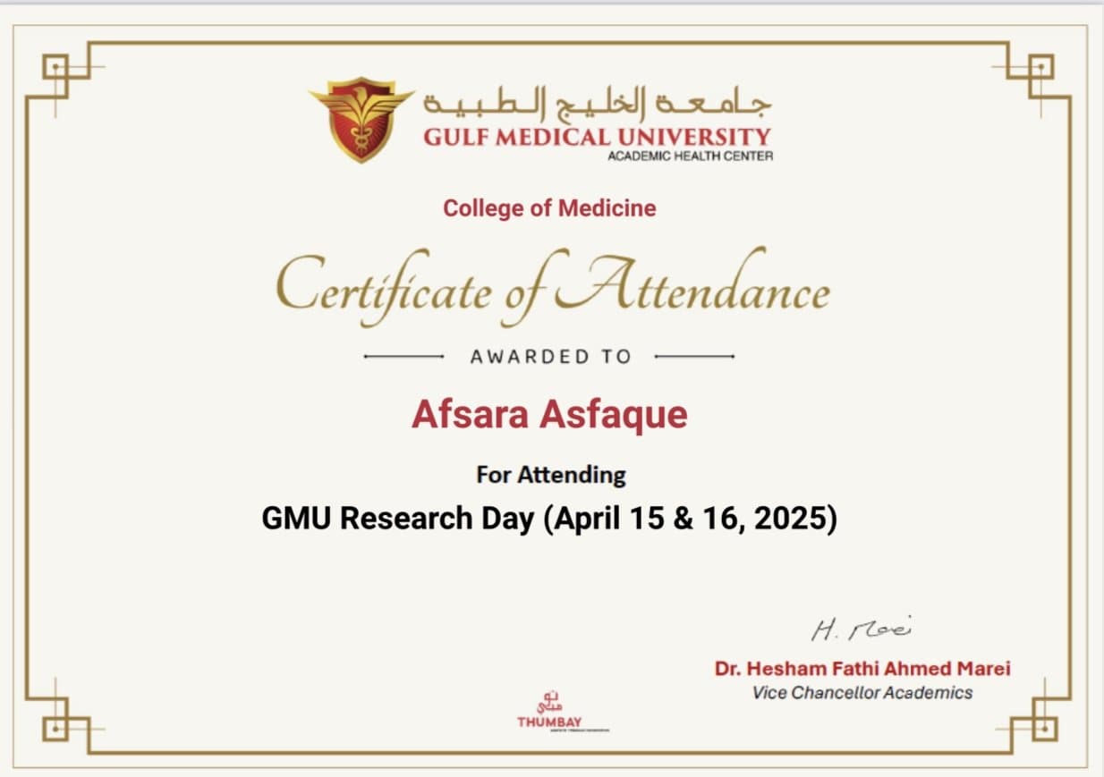 Certificate of attendance awarded to Afraa Asfaque for GMU Research Day on 15 and 16 April 2025